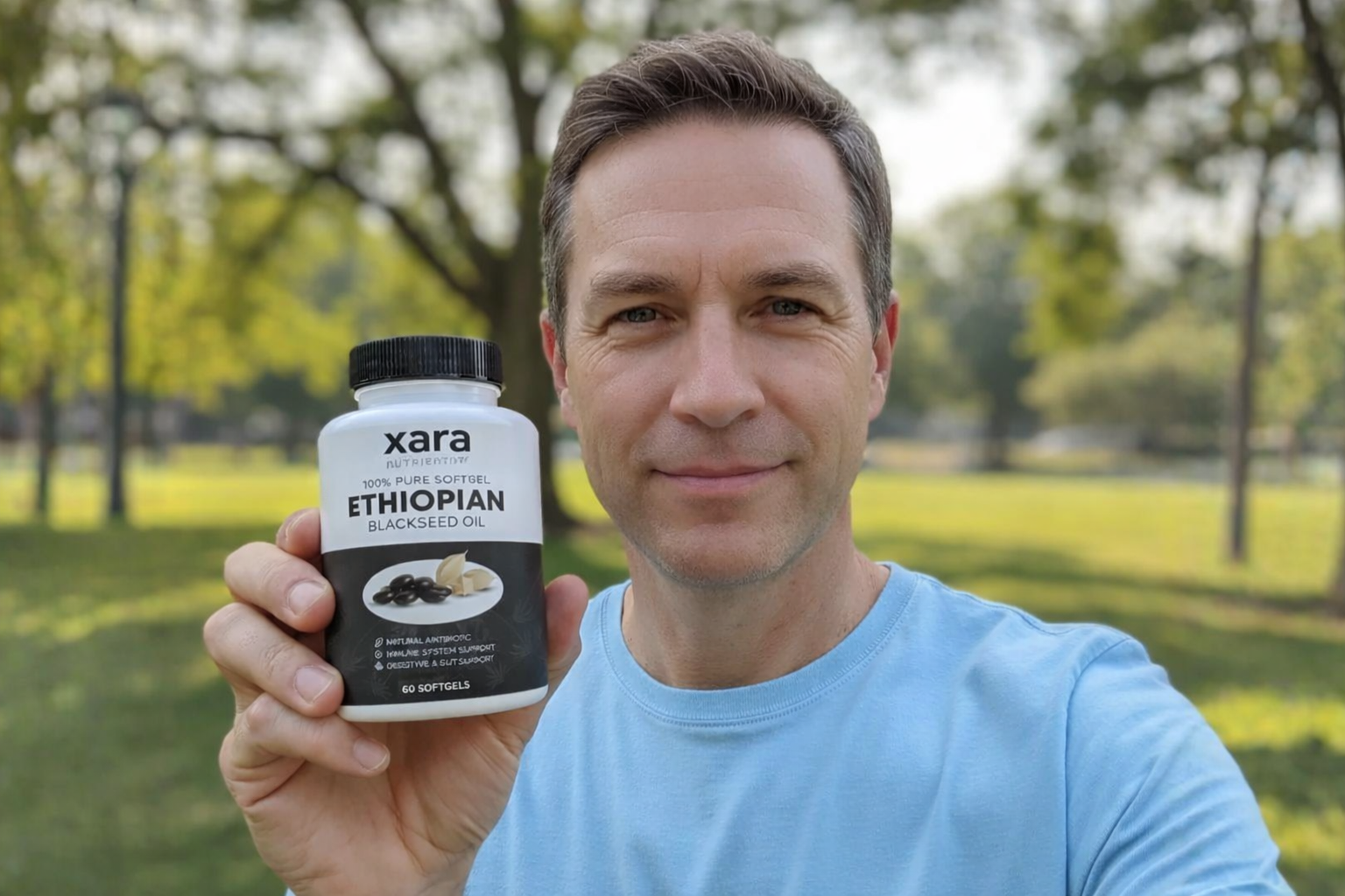 Man holding Xara bottle