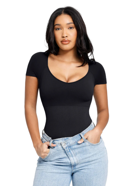 V-Neck Thong Bodysuit (Short Sleeve)